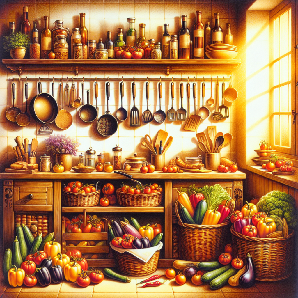 A warm kitchen scene with cooking tools and fresh ingredients